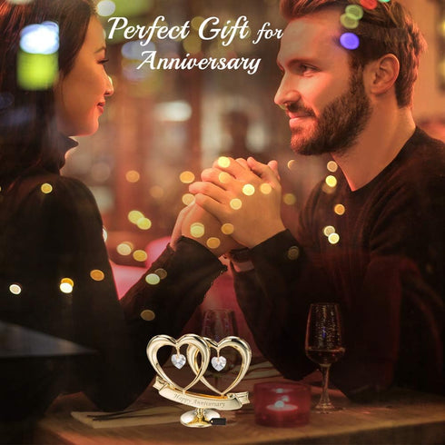 24K Gold Plated Double Heart Crystal Table Ornament for Anniversary